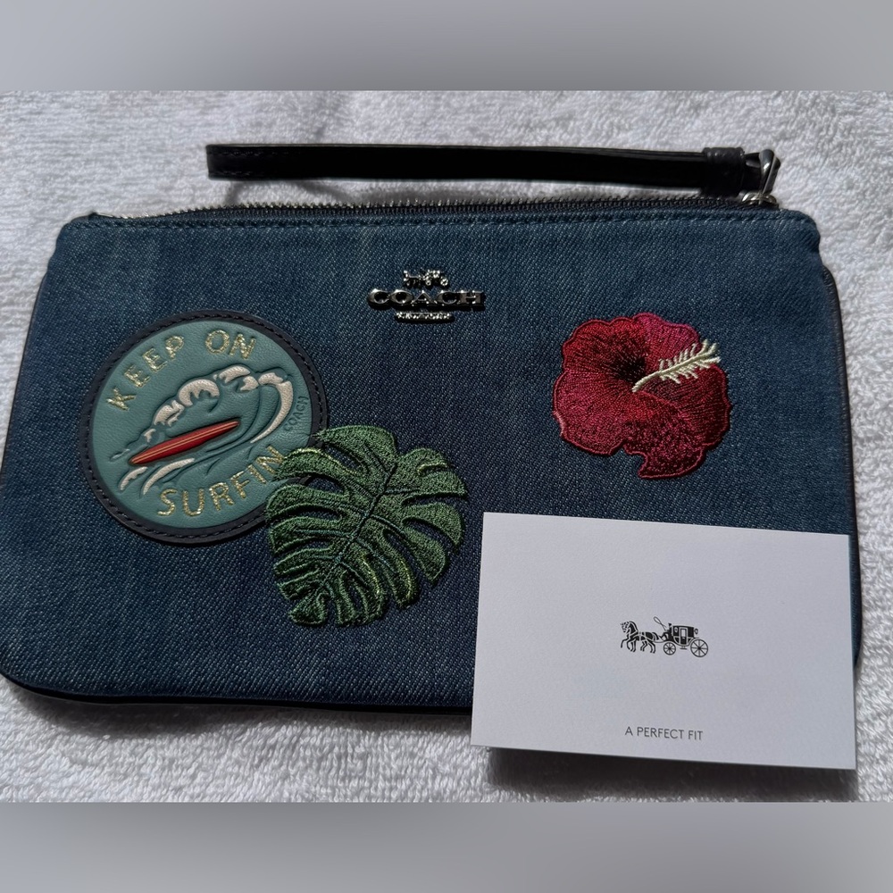 Coach Rare Denim Wristlet with Tropical Patch Accents - Blue - Picture 4 of 9